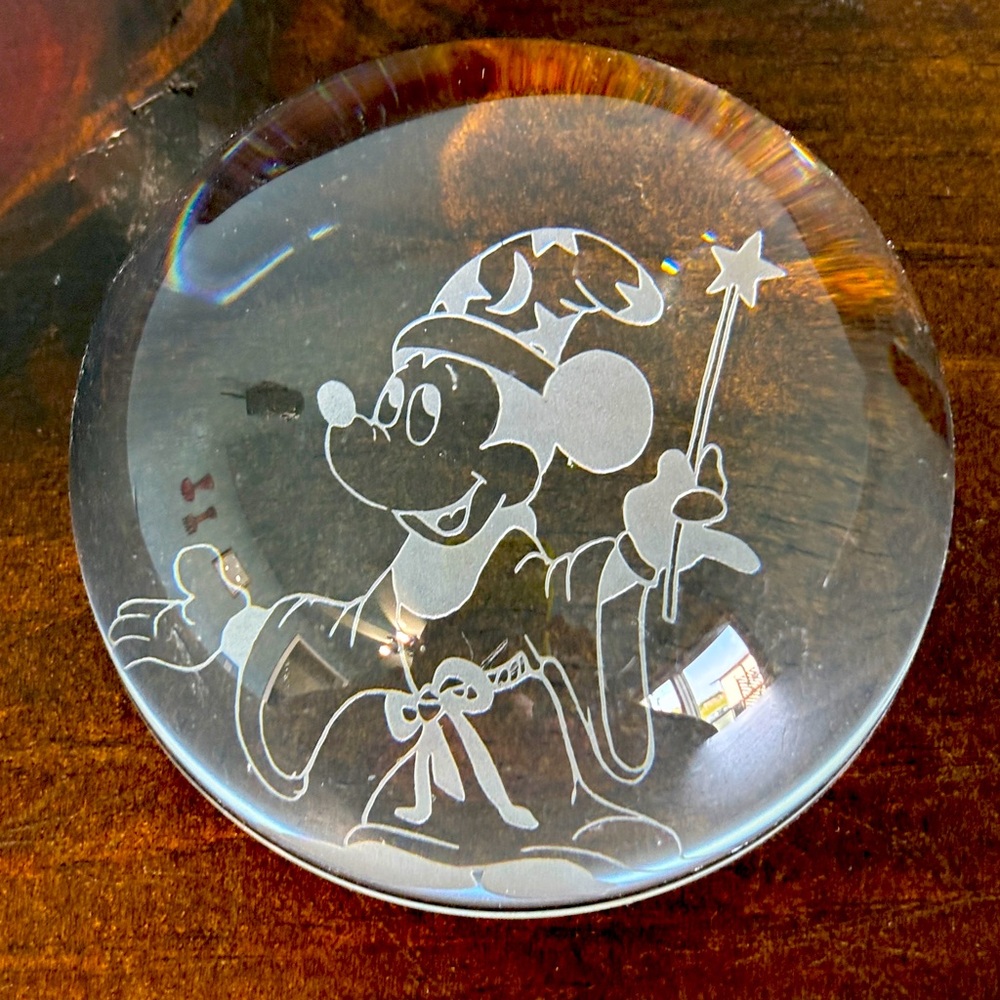 Rare Disney Mickey Mouse Sorcerers Apprentice Fantasia Clear Glass Paperweight